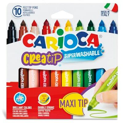 CARIOCA Creatip Maxi Confezione da 10 Pennarelli, Super Lavabili a Punta Maxi Conica. Colori Assortiti e Brillanti, Ideali per Disegnare e Colorare CARIOCA Creatip Maxi Confezione da 10 Pennarelli, Super Lavabili a Punta Maxi Conica. Colori Assortiti e Brillanti, Ideali per Disegnare e Colorare