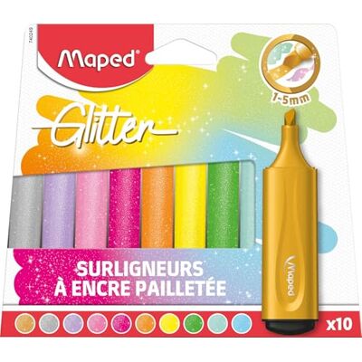 Maped Evidenziatori Fluo Glitter Confezione da 10 Punta smussata Inchiostri glitterati Lunga durata Uso scolastico, Bullet Journal e professionale Maped Evidenziatori Fluo Glitter Confezione da 10 Punta smussata Inchiostri glitterati Lunga durata Uso scolastico, Bullet Journal e professionale