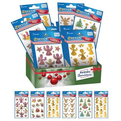 Avery stickers adesivi assortiti con espositore, disegni Natale vari, 5 fantasie, 60 bustine totali Avery stickers adesivi assortiti con espositore, disegni Natale vari, 5 fantasie, 60 bustine totali