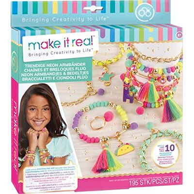 Lansay MAKE IT REAL Kit braccialetti con catene e ciondoli fluorescenti Produzione di gioielli per bambini a partire dagli 8 anni Set per 10 braccialetti colorati con pompon e ciondoli - Lansay MAKE IT REAL Kit braccialetti con catene e ciondoli fluorescenti Produzione di gioielli per bambini a partire dagli 8 anni Set per 10 braccialetti colorati con pompon e ciondoli -