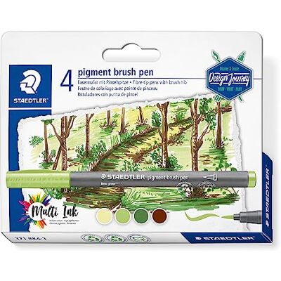 Staedtler Pigment brush pen Design Journey, cartuccia pigmentata di alta qualità, punta a pennello per linea variabile, impermeabile, 4 penne, colori coordinati Forest Colours, 371 BK4-3 Staedtler Pigment brush pen Design Journey, cartuccia pigmentata di alta qualità, punta a pennello per linea variabile, impermeabile, 4 penne, colori coordinati Forest Colours, 371 BK4-3
