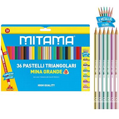 Mitama Pastelli Colorati Triangolari con Mina 3,3-30 Colori Brillanti 6 Pastelli Colori Metallizzati Facili da Temperare con Spazio per il Nome Mitama Pastelli Colorati Triangolari con Mina 3,3-30 Colori Brillanti 6 Pastelli Colori Metallizzati Facili da Temperare con Spazio per il Nome