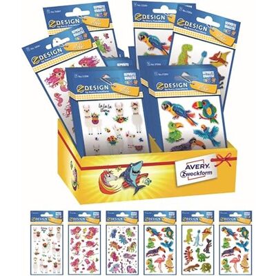 Avery assortimento su espositore di 60 stickers adesivi, decorativi effettina brillantini, 6 fantasie, 60 pezzi totali Avery assortimento su espositore di 60 stickers adesivi, decorativi effettina brillantini, 6 fantasie, 60 pezzi totali