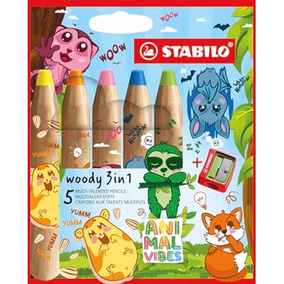 STABILO Matita colorata Multi-Funzione woody 3 in 1 Animal Vibes, Astuccio da 5, con Temperino, Colori assortiti STABILO Matita colorata Multi-Funzione woody 3 in 1 Animal Vibes, Astuccio da 5, con Temperino, Colori assortiti