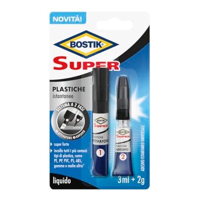 Bostik Super Plastiche, adesivo istantaneo per tutte le plastiche anche PP, PE, PVC, ABS, trasparente, super veloce e super forte 3ml + 2g Bostik Super Plastiche, adesivo istantaneo per tutte le plastiche anche PP, PE, PVC, ABS, trasparente, super veloce e super forte 3ml + 2g