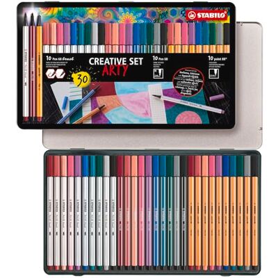 STABILO ARTY Creative Set Set Creativo Scatola in metallo da 30-10 fineliner point 88 + 10 pennarelli Premium Pen 68 + 10 pennarelli Pen 68 brush STABILO ARTY Creative Set Set Creativo Scatola in metallo da 30-10 fineliner point 88 + 10 pennarelli Premium Pen 68 + 10 pennarelli Pen 68 brush