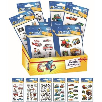 Avery assortimento su espositore di 60 stickers adesivi, decorativi per bambini, 6 fantasie, 60 pezzi totali Avery assortimento su espositore di 60 stickers adesivi, decorativi per bambini, 6 fantasie, 60 pezzi totali