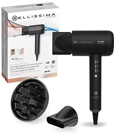 BELLISSIMA My Pro Hydra Sonic Asciugacapelli, Motore Digitale, Ionizzatore A Doppia Azione, 3 Velocità, 3 Temperature Compatto, Leggero, 3 Accessori Aggancio Magnetico, Custodia Da Viaggio, Nero