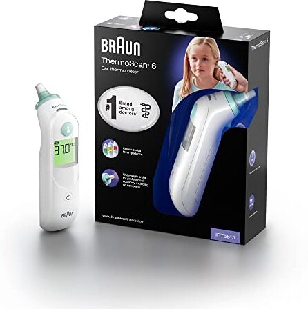 Braun ThermoScan 6 Termometro auricolare (luce notturna con display con codice colore, precisione professionale, facile da usare per tutta la famiglia, compresi i neonati) IRT6515