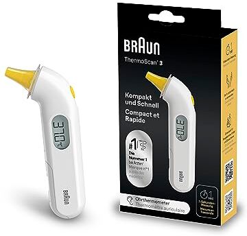 Braun Termometro Auricolare Thermoscan 3, Precisione Professionale, Bianco, ‎12.8 x 3.1 x 2.8 cm, 50 grammi