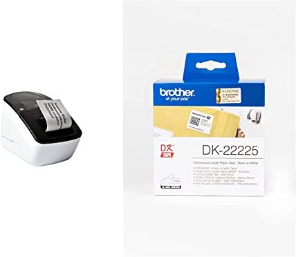 Brother Ql700 Stampante Per Etichette, Collegabile A Pc, Plugamp;Print, Rotoli Dk Fino A 62 Mm, 93 Etichette Al Minuto & Dk22225 Etichette A Lunghezza Continua, Carta Adesiva, 38 Mm X 30.48 M, Bianco