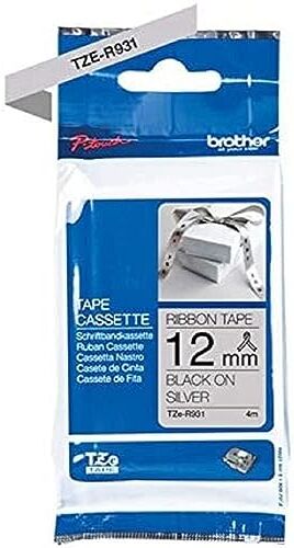 Brother Nastro originale per etichettatrice, larghezza 12 mm, lunghezza 4 m, per  P-touch H200, H100LB/R, H105, E100/VP, D200/BW/VP, D210/VP,Cube, Cube Plus, colore: Nero/Argento