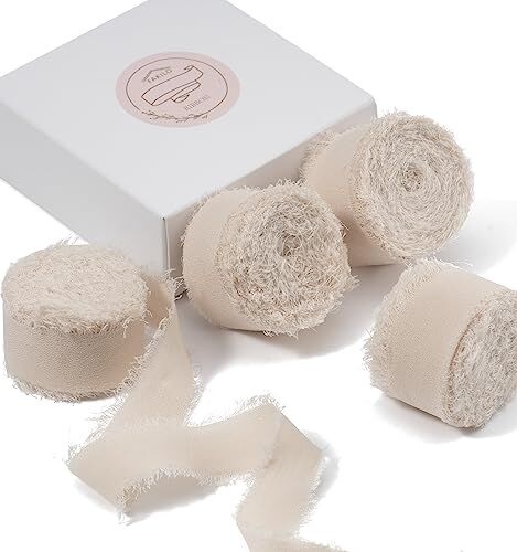 FAKILO Nastro in Chiffon Frange Fatto a Mano 4 Rotoli 25mm x 4, 5 Metri Nastro Beige, 18 Metri Nastro in Chiffon di Seta per Inviti di Nozze, Bouquet da Sposa, Confezione Regali