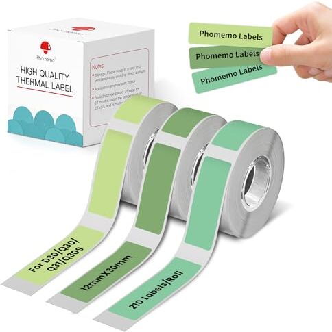 Phomemo 3 rotoli di etichette termiche adesive, 12mm×30mm, compatibile con la stampante di etichette  D30, per la casa, la scuola, 160 / rotolo, 3 rotoli (verde, verde scuro, verde erba)