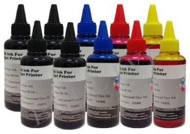 INKJET KIT Ricarica Cartucce 10 Flaconi 100ml inchiostro colori universale per Brother, Canon, Epson, HP, LEXMARK, XEROX, DELL.