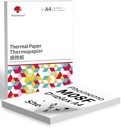 Phomemo M08F Carta termica Duplex A4, compatibile con stampanti  M08F M832, Q302, M834, PJ762/PJ763MFi, MT800/MT800Q e altre stampanti termiche A4, 210 x 297 mm,100 fogli