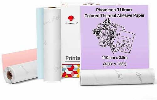 Phomemo 110mm Carta per stampanti a colori per mini stampanti tascabili M04S/M04AS, 3 rotoli di carta termica autoadesiva a colori, 110mm x 3,5m, conservazione 20 anni, blu/viola/rosa.