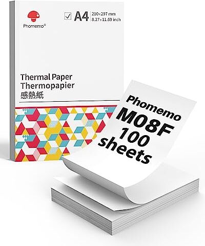 Phomemo M08F Carta termica pieghevole A4, compatibile con stampanti portatili  M08F, PJ762/PJ763MFi, MT800/MT800Q e altre stampanti portatili A4, M08F, 210 x 297 mm, 100 fogli