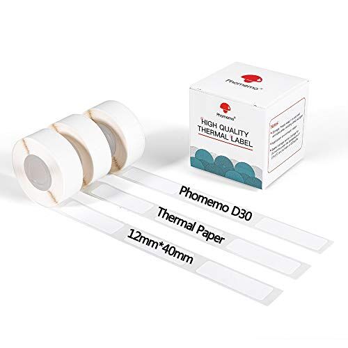 Phomemo D30 Rotolo di carta per stampante termica impermeabile, 12 x 40 mm, adesivo bianco per stampanti termiche portatili senza fili, 3 rotoli