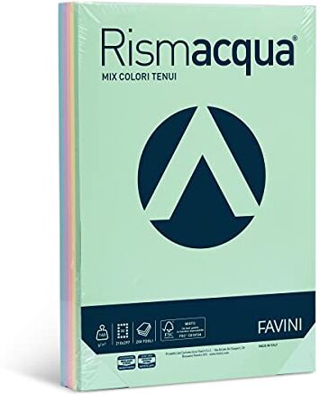 Favini Rismacqua Mix Risma di Carta da 140gr 200 fogli assortiti in 5 colori pastello formato A4 (21x29,7 cm) Made in Italy