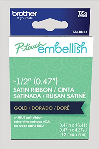 Brother P-touch Embellish Gold Print su Navy Satin Ribbon  ~ ½ " di larghezza x 33,1 ' di lunghezza per l'uso con P-touch Embellish Ribbon & Tape Printer