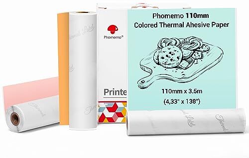 Phomemo 110mm Carta per stampanti a colori per stampanti tascabili M04S/M04AS, 3 rotoli di carta termica autoadesiva a colori, 110 mm x 3,5 m, conservazione 20 anni, arancio/verde/rosa