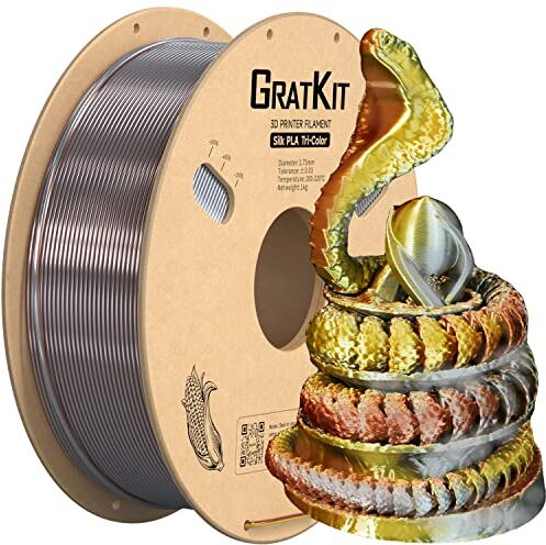 GratKit Filamento PLA tricolore seta, filamento PLA coestrusione 1,75 mm, -0,03 mm, 1 kg/rotolo, PLA di seta oro e rame e argento