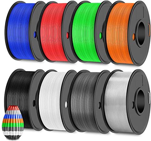 SUNLU PETG Filamento Bundle Multicolor, PETG Filamento 1.75mm Stampante 3D, 250g/Bobina,8 bobina Totale 2KG, Elevata Tenacità e Fortea, Nero+Bianco+Grigio+Trasparente+Blu+Rosso+Verde+Arancione