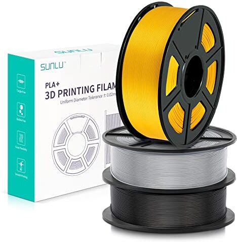 SUNLU Filamento PLA+ 1.75mm 3KG, Neatly Wound, Filamento per Stampante 3D PLA Plus, Filamento PLA Plus Resistente, Precisione Dimensionale +/-0.02mm, Bobina da 1kg (2.2 Libbre) Nero+Oro Chiaro+Argento