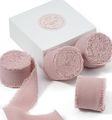 FAKILO Nastro in Chiffon Frange Fatto a Mano 4 Rotoli 25mm x 4, 5 Metri Nastro Rosa polvere, 18 Metri Nastro in Chiffon di Seta per Inviti di Nozze, Bouquet da Sposa, Confezione Regali