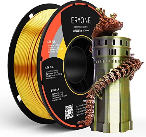 ERYONE Filamento PLA Seta Tricolore 1,75 mm, Filamento Stampante 3D FDM 1 kg (2,2 libbre), Precisione Dimensionale +/- 0,03 mm, Seta Oro Argento e Rame