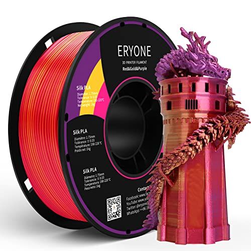 ERYONE Filamento PLA Seta Tricolore 1,75 mm, Filamento Stampante 3D FDM 1 kg (2,2 libbre), Precisione Dimensionale +/- 0,03 mm, Seta Rosso Oro e Viola
