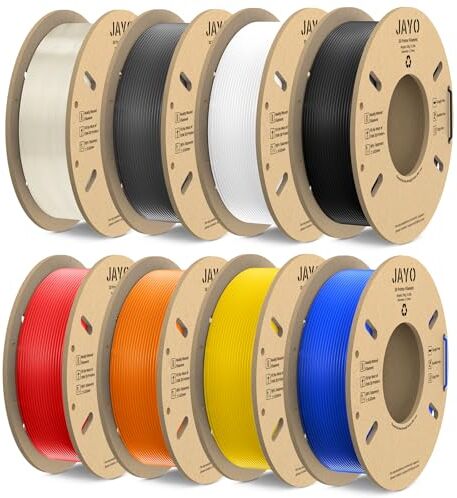 JAYO Filamento PLA 1.75mm, 250g  para Stampante 3D, Neatly Wound PLA, Bobina PLA 250g, 8 Packs, Total 2kg, Nero+Bianco+Grigio+Trasparente+Blu+Rosso+Arancio+Giallo Puro