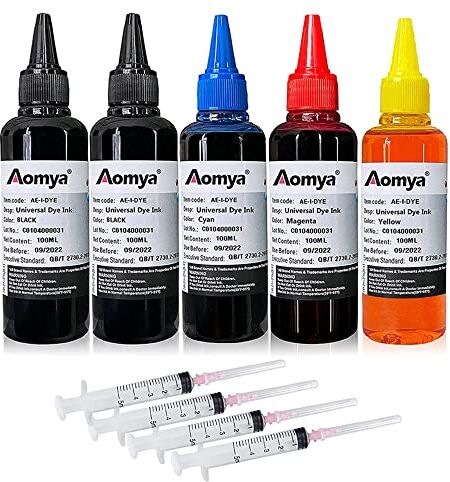 Aomya Kit di ricarica universale per stampanti HP Canon, Epson, Brother, Lexmark, 500 ml, compatibile con cartucce CISS CIS System 4 Color Set con 4 anelli gratuiti (2BK, C, M, Y)