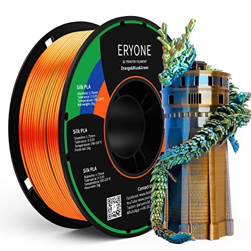 ERYONE Filamento PLA Seta Tricolore 1,75 mm, Filamento Stampante 3D FDM 1 kg (2,2 libbre), Precisione Dimensionale +/- 0,03 mm, Seta Arancio Blu e Verde