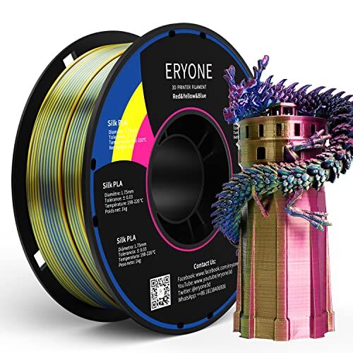 ERYONE Filamento PLA Seta Tricolore 1,75 mm, Filamento Stampante 3D FDM 1 kg (2,2 libbre), Precisione Dimensionale +/- 0,03 mm, Seta Rosso Giallo e Blu
