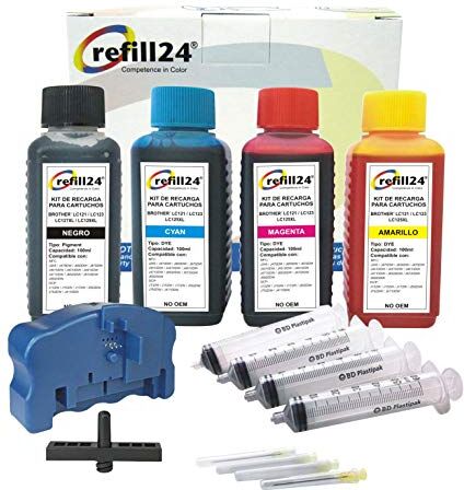 refill24 Kit di ricarica compatibile per cartucce d'inchiostro Brother 121, 123, 125XL, 127XL nero e a colori, include resetter, adattatore e accessori + 400 ml inchiostro