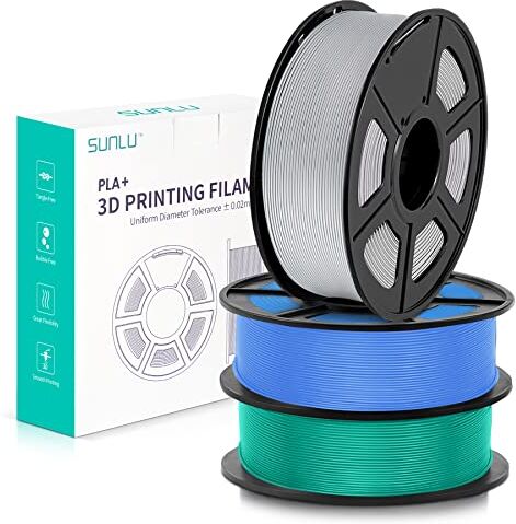 SUNLU Filamento PLA+ 1.75mm 3KG, Neatly Wound, Filamento per Stampante 3D PLA Plus, Filamento PLA Plus Resistente, Precisione Dimensionale +/-0.02mm, Bobina 1kg(2.2Libbre) Blu Grigio+ErbaVerde+Argento