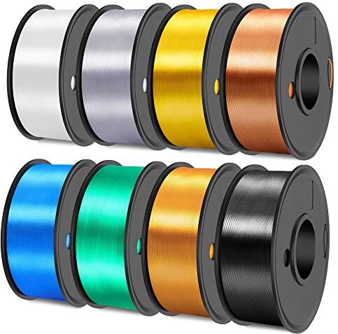 SUNLU Filamento per stampante 3D  Silk PLA Plus, pacchetto di filamenti Silk PLA+ da 250G, filamento di seta liscio, bobina da 250G, 8 rotoli, nero+bianco+oro chiaro+argento+ottone+rame rosso+blu+verde