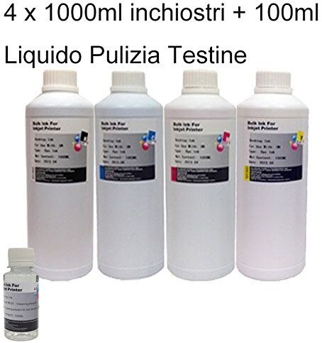 BELLIEVESTORE KIT Ricarica cartucce 4 Flaconi 1000ml, 4 Litri universale inchiostro colori per Brother, Canon, Epson, HP, LEXMARK, XEROX, DELL, In Omaggio 100ml Liquido Pulizia Testine