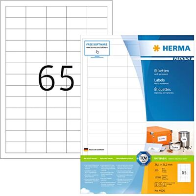 HERMA Etichette Universali, 38,1 x 21,2 mm, Etichette Adesive A4 per Stampante, 65 Etichette per Foglio, Bianco HERMA Etichette Universali, 38,1 x 21,2 mm, Etichette Adesive A4 per Stampante, 65 Etichette per Foglio, Bianco