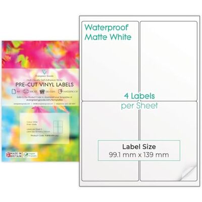 EVG Evergreen Goods™ Etichette adesive pretagliate formato A4, impermeabili, colore bianco opaco, 2 x 2 (4 per foglio), 40 etichette in totale, 10 fogli, stampabili a getto d'inchiostro e laser, EVG Evergreen Goods™ Etichette adesive pretagliate formato A4, impermeabili, colore bianco opaco, 2 x 2 (4 per foglio), 40 etichette in totale, 10 fogli, stampabili a getto d'inchiostro e laser,