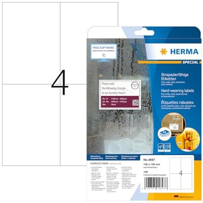HERMA Etichette su fogli formato A4, da 105 x 48 mm, carta opaca, colore: Bianco pellicola, altamente adesiva, 100 pz. HERMA Etichette su fogli formato A4, da 105 x 48 mm, carta opaca, colore: Bianco pellicola, altamente adesiva, 100 pz.