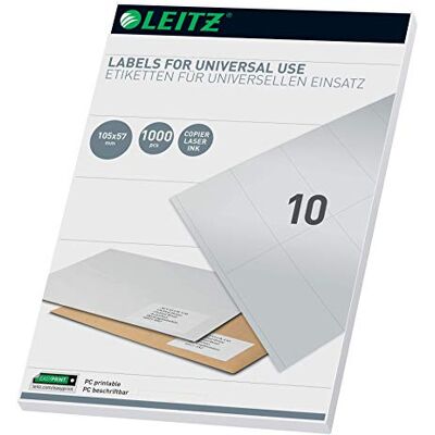 Leitz Etichette universali scrivibili per PC, 105 x 57 mm, colore: Bianco Leitz Etichette universali scrivibili per PC, 105 x 57 mm, colore: Bianco