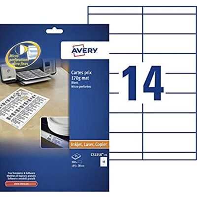 Avery C32258-25, Cartoline postali perforate, 105 x 38 mm 170 g/m2, 350 cartoline, 25 fogli x 14, 350 unità, colore: Bianco opaco Avery C32258-25, Cartoline postali perforate, 105 x 38 mm 170 g/m2, 350 cartoline, 25 fogli x 14, 350 unità, colore: Bianco opaco