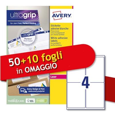 Avery Etichette adesive in carta bianca, 50+10 fogli extra, rettangolari 99,1x139mm, 4 etichette per foglio, adesivo permanente, stampanti laser Avery Etichette adesive in carta bianca, 50+10 fogli extra, rettangolari 99,1x139mm, 4 etichette per foglio, adesivo permanente, stampanti laser