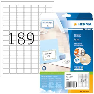 HERMA Etichette Universali, 25,4 x 10 mm, Etichette Adesive A4 per Stampante, 189 Etichette per Foglio, Bianco HERMA Etichette Universali, 25,4 x 10 mm, Etichette Adesive A4 per Stampante, 189 Etichette per Foglio, Bianco