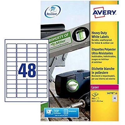 Avery L4778-20 Confezione 20 Etichette, Poliestere, 45.7 x 21.2, Bianco Avery L4778-20 Confezione 20 Etichette, Poliestere, 45.7 x 21.2, Bianco