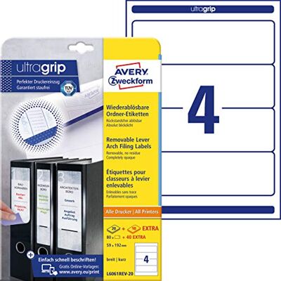 Avery L4761REV Etichette per cartelle formato A4, 80 pezzi, rimovibili, 61 x 192 mm, colore bianco, 80 etichette bianche Avery L4761REV Etichette per cartelle formato A4, 80 pezzi, rimovibili, 61 x 192 mm, colore bianco, 80 etichette bianche