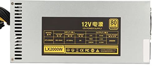 Lazmin112 Alimentatore Minerario da 2000 W, Alimentatore Minerario per PC PSU 2U a Canale Singolo, Supporto per 8 Schede GPU, Funzione di Spegnimento Automatico, Interfaccia a 6 Pin